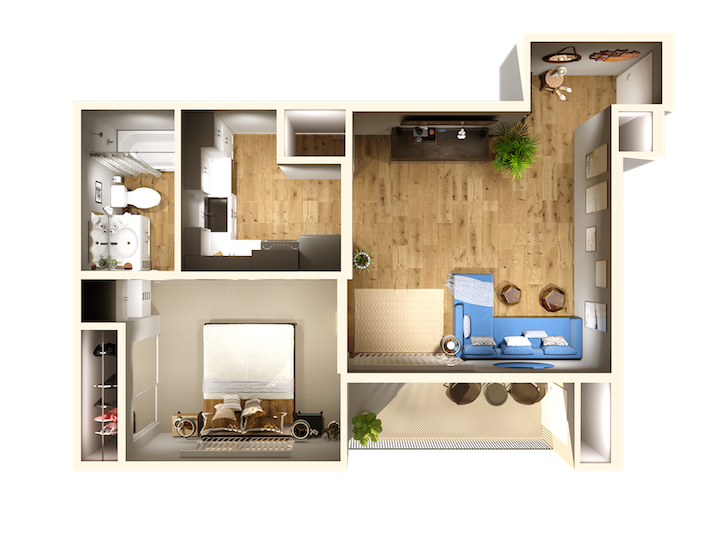 Floor plan for 1 bed, 1 bath, 560 sqft